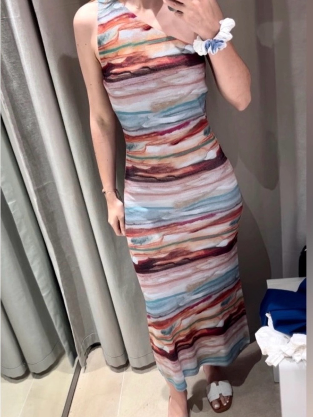 Zara One-Shoulder Striped Maxi Dress in Teal, Rust, Coral and Cream